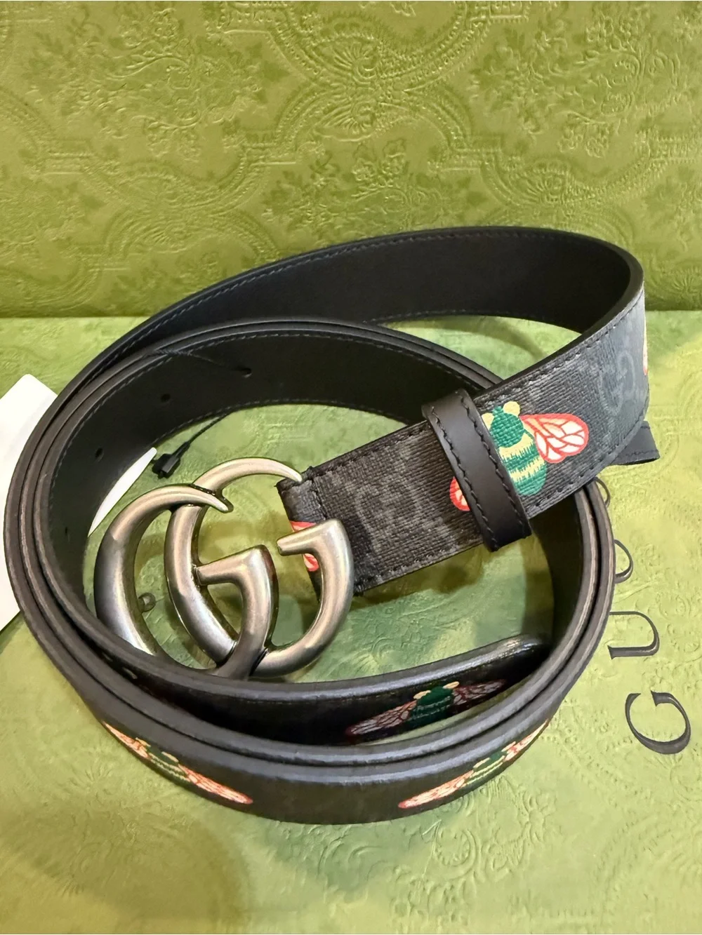 Gucci Black Bee Embroidered Canvas Belt with Silver Double G Buckle 44 110